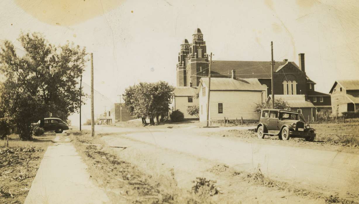 church, Iowa, Glaser, Joseph, car, sidewalk, road, Cities and Towns, Religious Structures, North Washington, IA, history of Iowa, Motorized Vehicles, Main Streets & Town Squares, Iowa History