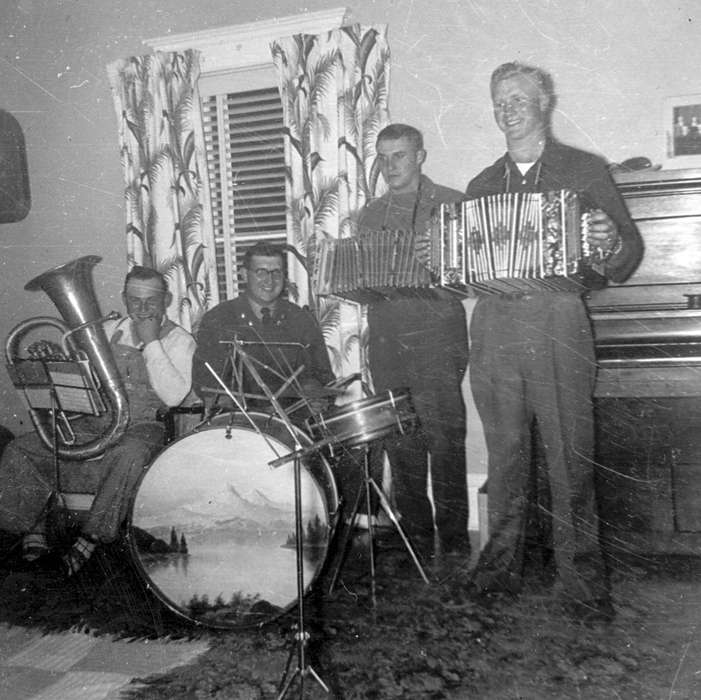 Portraits - Group, tuba, musicians, drums, piano, Iowa, Johnson, JB, accordion, Homes, Entertainment, band, history of Iowa, Duncan, IA, Iowa History