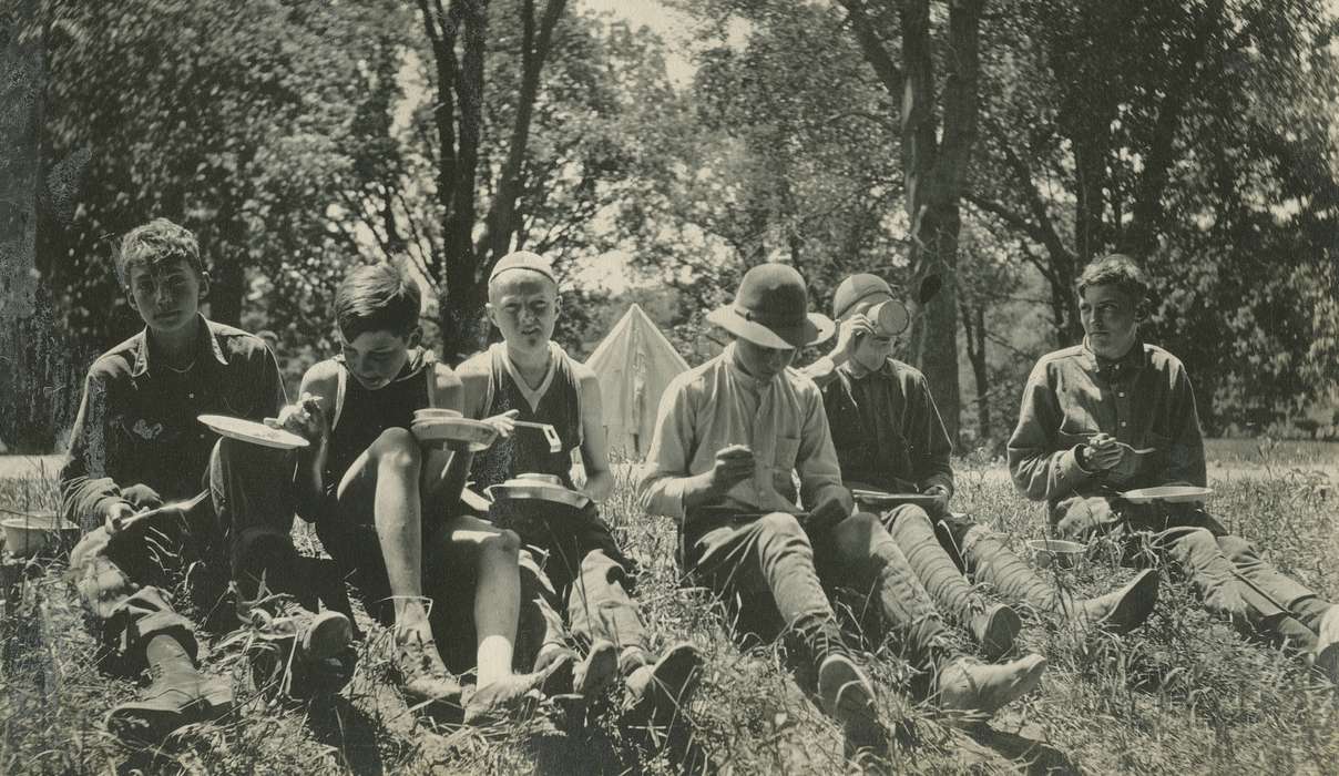 Portraits - Group, camping, Iowa History, Food and Meals, Iowa, McMurray, Doug, Hamilton County, IA, history of Iowa, Outdoor Recreation, Children, boy scouts