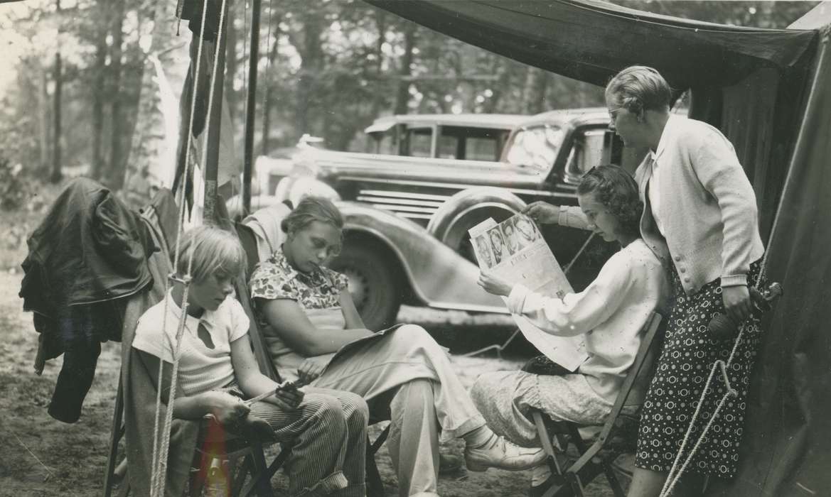 newspaper, history of Iowa, Motorized Vehicles, McMurray, Doug, Iowa, tent, USA, Families, car, Children, Iowa History, Outdoor Recreation