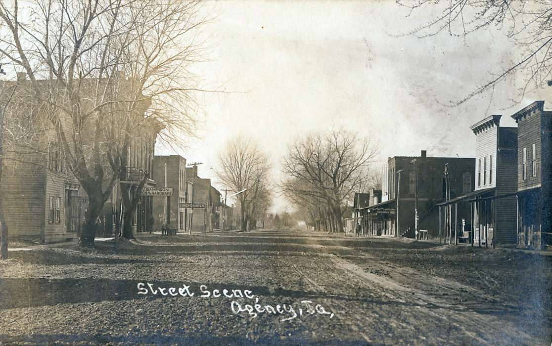 Main Streets & Town Squares, history of Iowa, Iowa History, Lemberger, LeAnn, storefront, dirt road, Iowa, Agency, IA, Cities and Towns, sign
