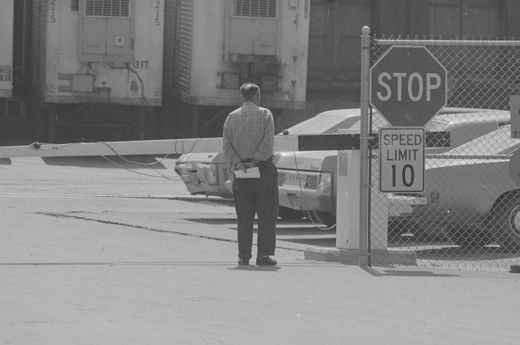 Businesses and Factories, car, Cities and Towns, Iowa History, Iowa, Motorized Vehicles, parking lot, Lemberger, LeAnn, Labor and Occupations, Ottumwa, IA, stop sign, meat packing plant, history of Iowa