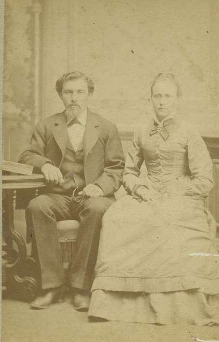 Portraits - Group, sack coat, carte de visite, Iowa, vest, couple, woman, Burlington, IA, Olsson, Ann and Jons, beard, painted backdrop, collared dresses, history of Iowa, Iowa History, man