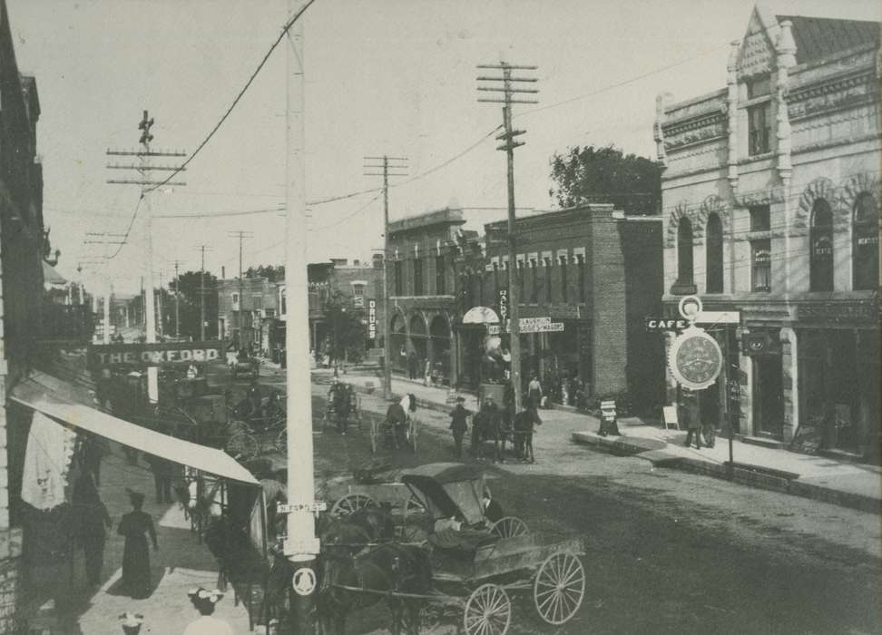 Main Streets & Town Squares, history of Iowa, Iowa History, storefront, veranda, Businesses and Factories, Animals, horse and buggy, clock, Iowa, Cities and Towns, Anamosa, IA, Hatcher, Cecilia