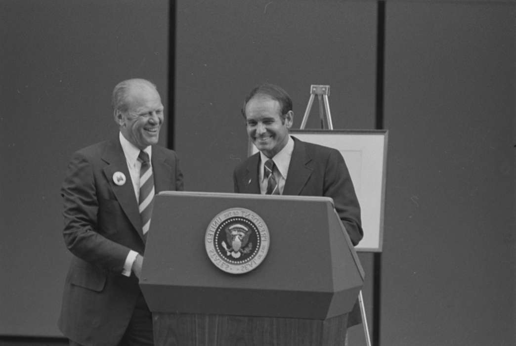 Civic Engagement, Fairs and Festivals, history of Iowa, Lemberger, LeAnn, governor, iowa state fair, Iowa, gerald ford, smile, speech, Des Moines, IA, Iowa History, president, podium, tie