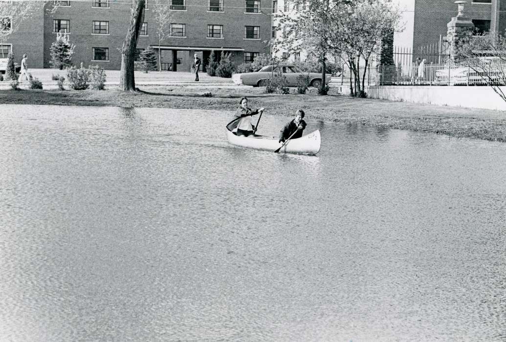 Outdoor Recreation, Iowa, pond, UNI Special Collections & University Archives, Schools and Education, uni, university of northern iowa, car, Lakes, Rivers, and Streams, Cedar Falls, IA, prexy's pond, history of Iowa, canoe, Motorized Vehicles, Iowa History