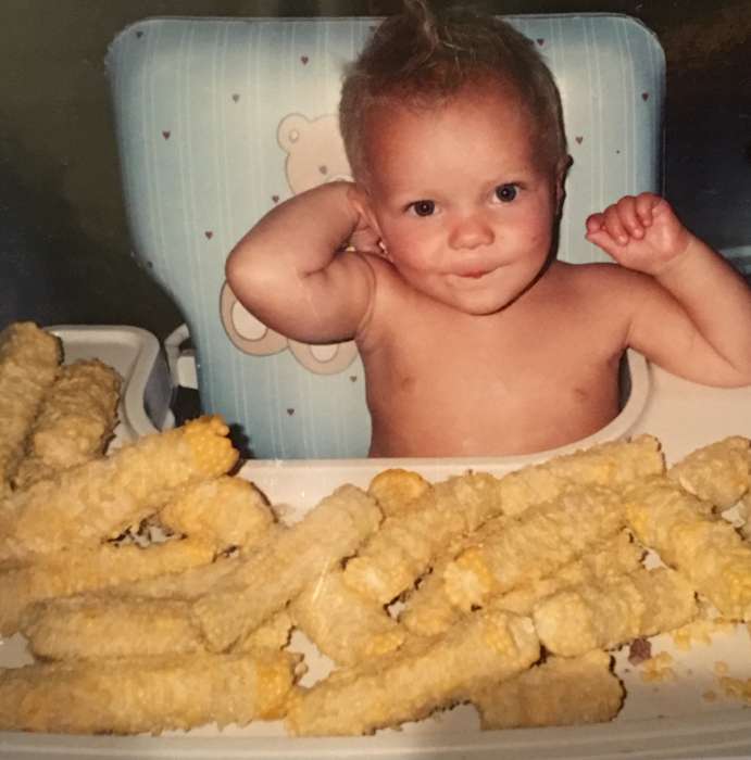 baby, Food and Meals, Iowa, sweet corn, Remsen, IA, Children, history of Iowa, Portraits - Individual, corn on the cob, Langel, Craig, high chair, Iowa History