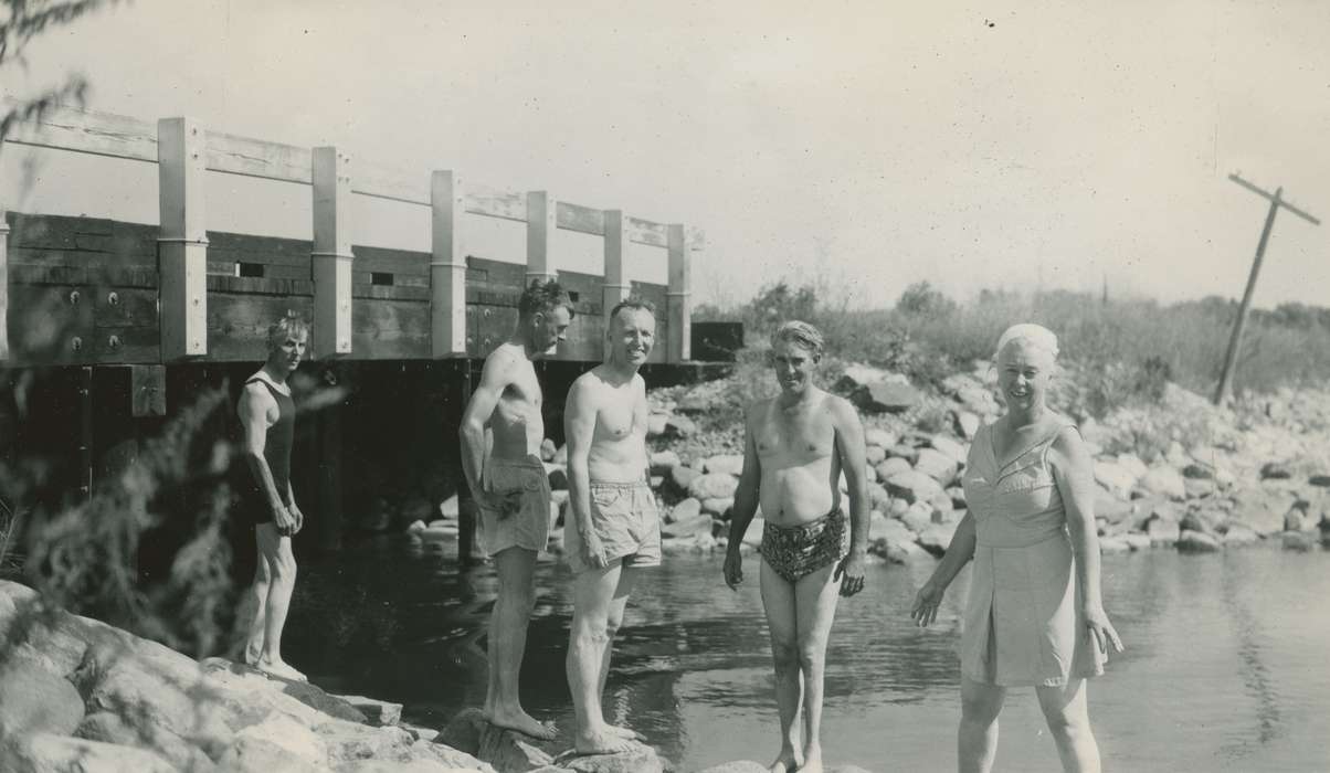 Portraits - Group, Travel, bridge, swim suit, history of Iowa, Iowa History, Lakes, Rivers, and Streams, bathing suit, rock, river, swim, Iowa, Outdoor Recreation, Inquadona Lake, MN, McMurray, Doug