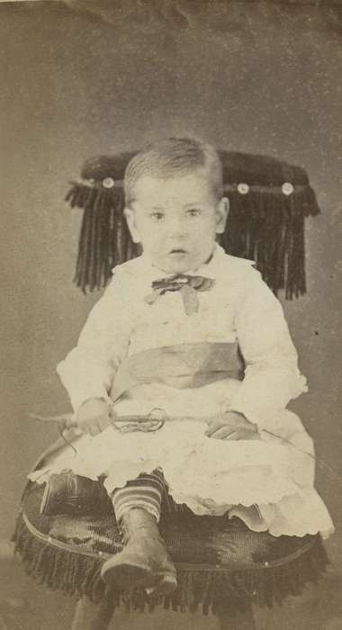 boy, carte de visite, petticoat, Iowa, child, high buttoned shoes, chair, Mount Vernon, IA, Children, Olsson, Ann and Jons, Portraits - Individual, dress, history of Iowa, bow tie, Iowa History