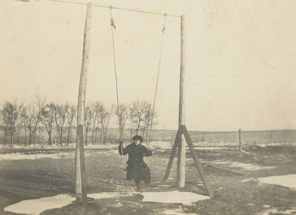 Crisman, Hannah, swingset, IA, Iowa, Leisure, history of Iowa, Portraits - Individual, swing, tree, snow, Iowa History