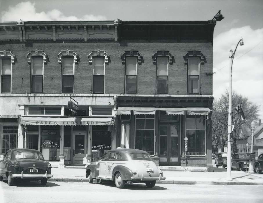 Businesses and Factories, car, building, Cities and Towns, door, barbershop, Waverly Public Library, cab, license plate, Main Streets & Town Squares, taxi, history of Iowa, Iowa History, Motorized Vehicles, window, brick building, Waverly, IA, Iowa, furniture store