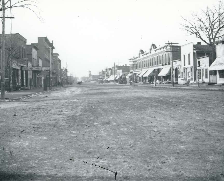 telephone pole, Main Streets & Town Squares, history of Iowa, Iowa History, Businesses and Factories, brick building, Waverly, IA, dirt street, Iowa, correct date needed, Cities and Towns, awning, sign, Waverly Public Library
