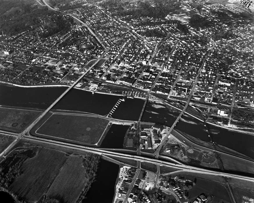 neighborhood, bridge, Iowa History, Lakes, Rivers, and Streams, Iowa, Lemberger, LeAnn, Ottumwa, IA, Aerial Shots, river, history of Iowa