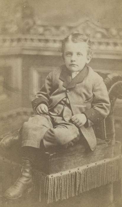 boy, carte de visite, sack coat, Iowa, child, vest, Newton, IA, Children, Olsson, Ann and Jons, Portraits - Individual, knickers, painted backdrop, history of Iowa, Iowa History