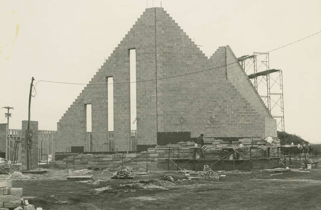 workers, Religious Structures, construction crew, utility pole, history of Iowa, church, scaffolding, Iowa, Waverly Public Library, Iowa History, Tripoli, IA