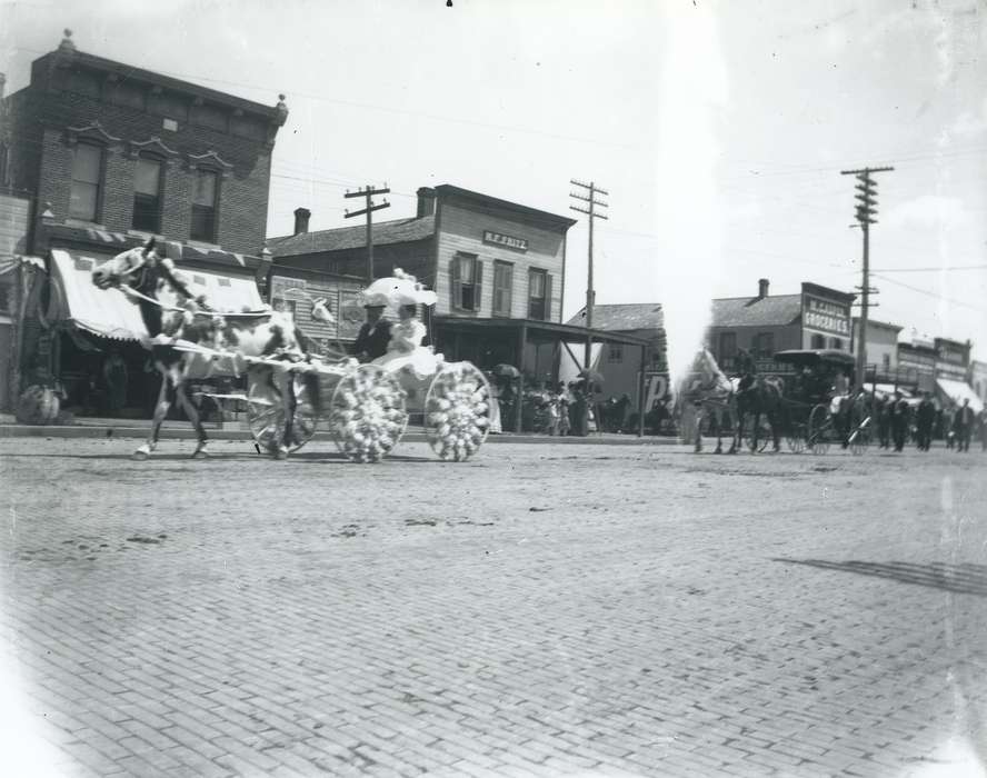 telephone pole, Main Streets & Town Squares, history of Iowa, Iowa History, Entertainment, parade, brick street, horse and buggy, Animals, Waverly, IA, Iowa, Cities and Towns, correct date needed, Waverly Public Library