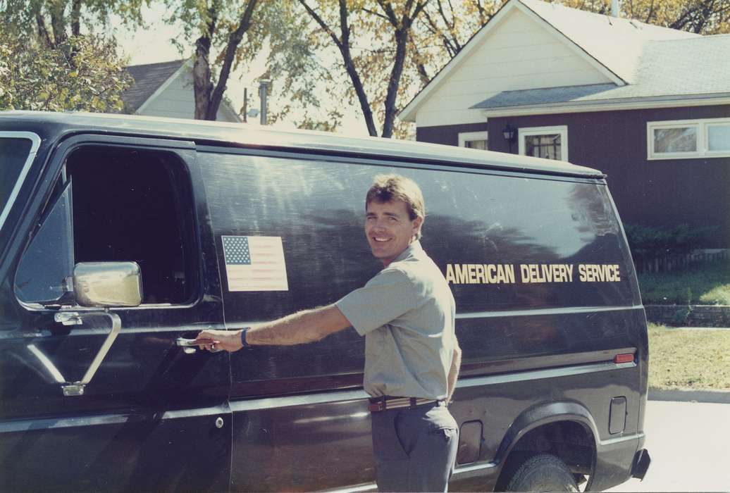 history of Iowa, Iowa History, delivery, Motorized Vehicles, Merck, Linda, american flag, van, Iowa, colorized, Marion, IA, Labor and Occupations, driver, Portraits - Individual