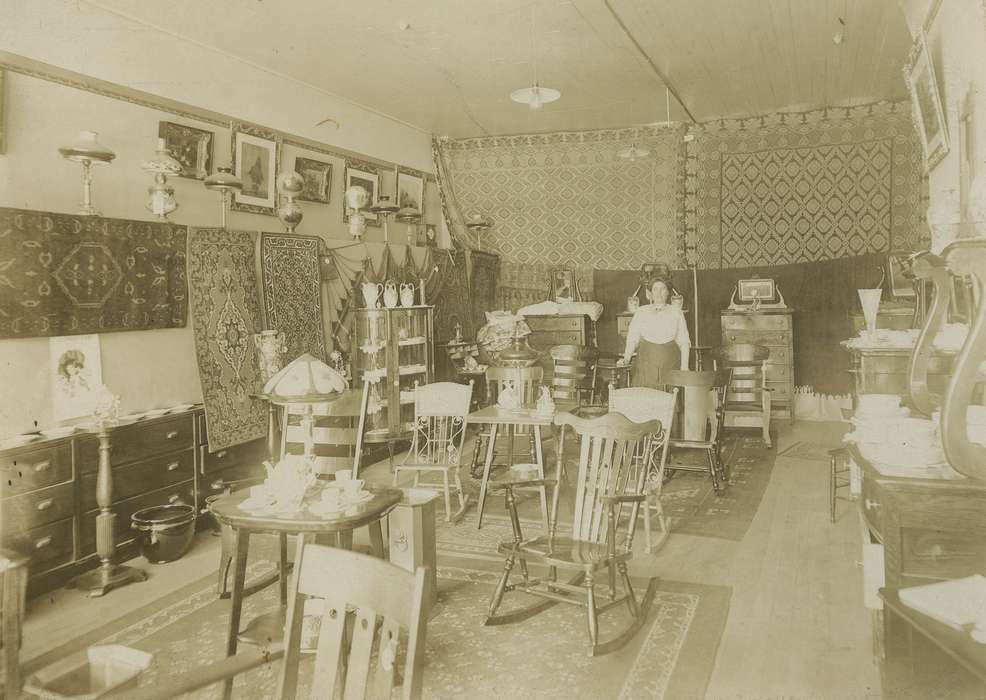 furniture, history of Iowa, Iowa History, rug, Businesses and Factories, store, rocking chair, Iowa, Anamosa, IA, Hatcher, Cecilia, lamp