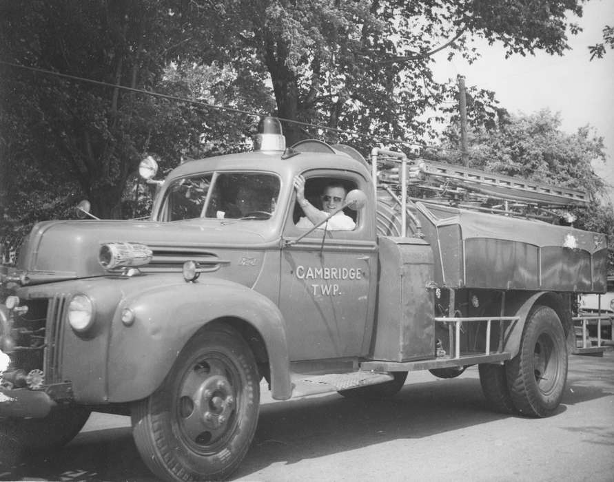 Travel, history of Iowa, Portraits - Individual, Iowa History, truck, Motorized Vehicles, Onsted, MI, fireman, fire truck, Laupp, Mary Jo, Iowa, Labor and Occupations