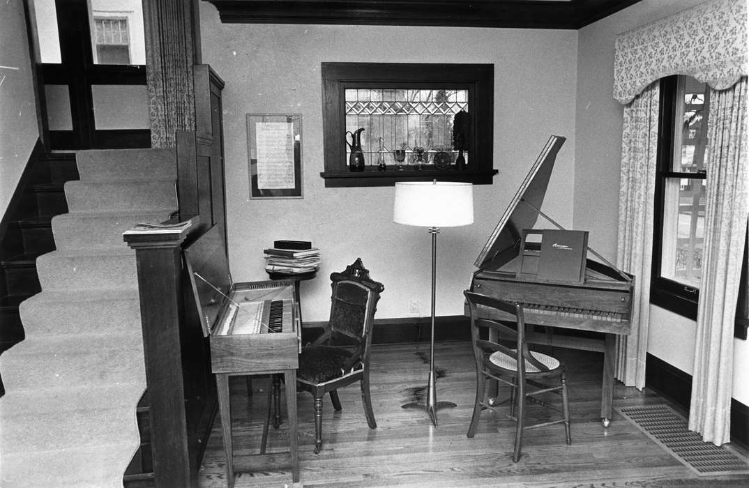 lamp, Iowa History, staircase, Iowa, window, Karns, Mike, harpsichord, Cedar Rapids, IA, music, clavichord, Homes, Leisure, history of Iowa