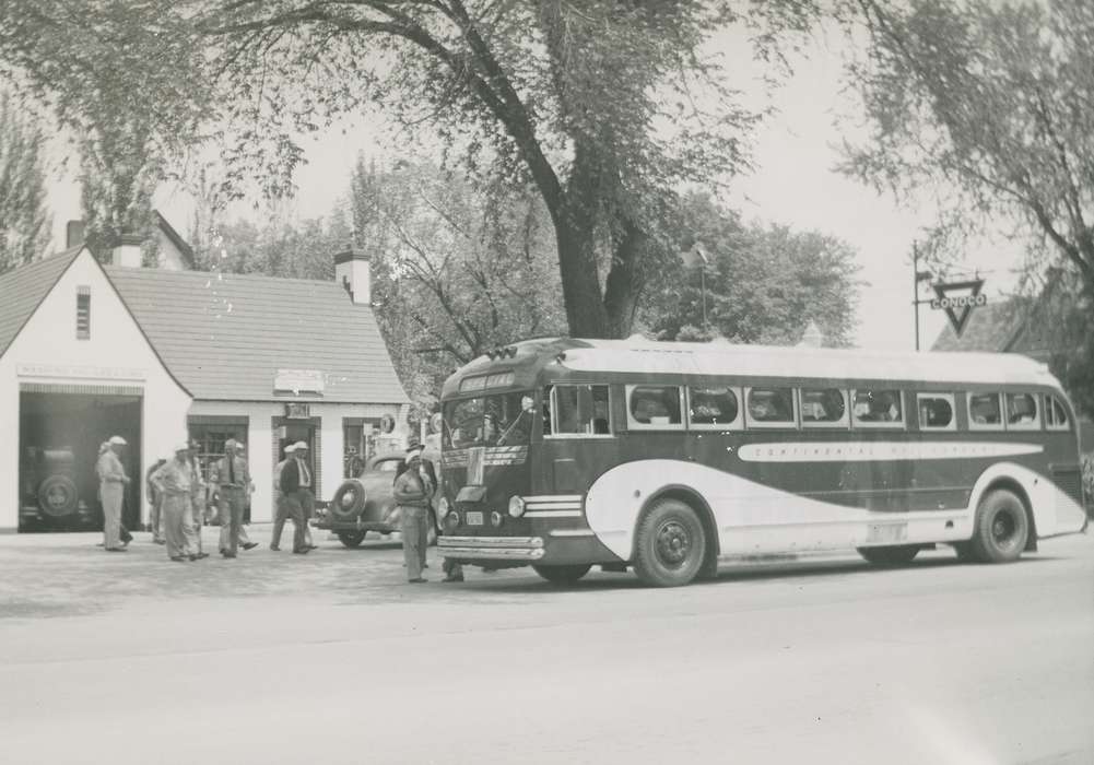 Main Streets & Town Squares, history of Iowa, Iowa History, Motorized Vehicles, Businesses and Factories, Waverly, IA, gas station, Iowa, Cities and Towns, bus stop, Waverly Public Library