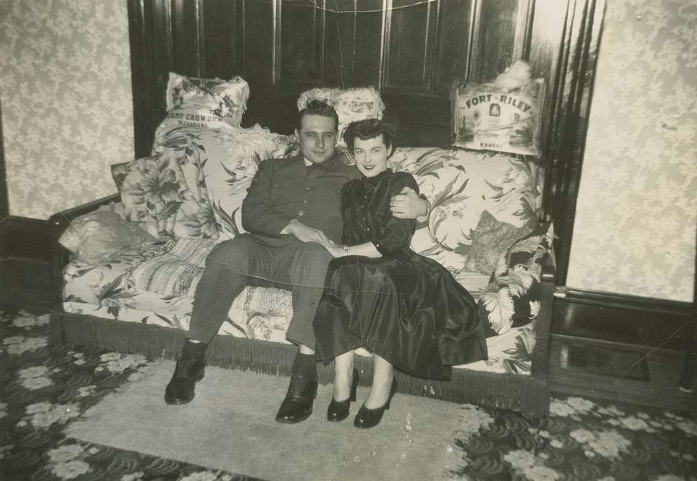 Portraits - Group, Military and Veterans, Deitrick, Allene, history of Iowa, Iowa History, IA, couch, Iowa, living room, Homes