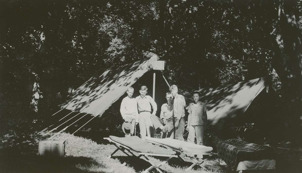 Portraits - Group, Iowa History, tent, Iowa, McMurray, Doug, history of Iowa, Outdoor Recreation, Lehigh, IA, Children, boy scouts