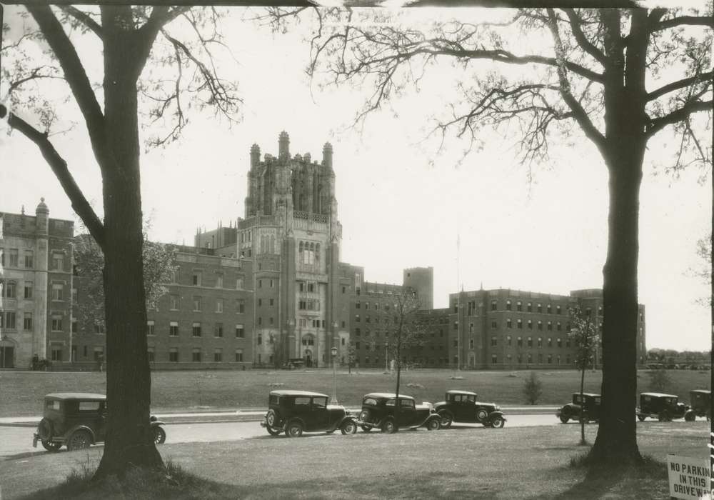 Hospitals, history of Iowa, university of iowa, Motorized Vehicles, Iowa City, IA, Iowa, car, Seashore Hall, gothic, gothic tower, Iowa History, tree