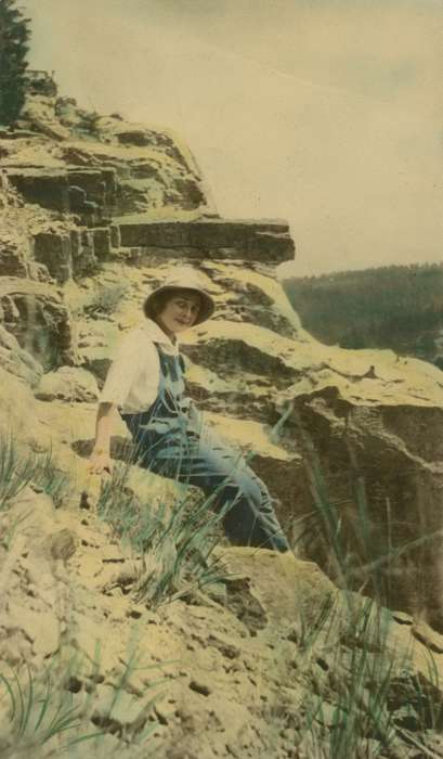 Iowa History, overalls, Iowa, history of Iowa, Portraits - Individual, colorized, Outdoor Recreation, cliff, USA, sun hat, Wilson, Dorothy, mountain