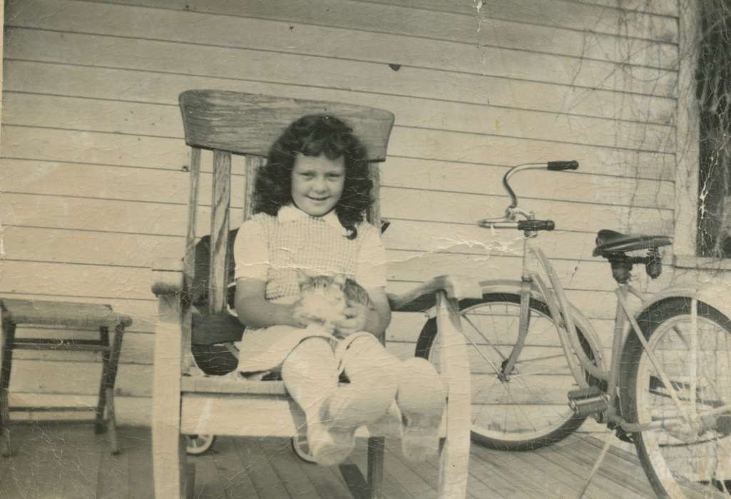 porch, Iowa, Animals, bike, chair, Children, Homes, Portraits - Individual, cat, history of Iowa, bicycle, McVey, Michael and Tracy, girl, Columbus Junction, IA, Iowa History