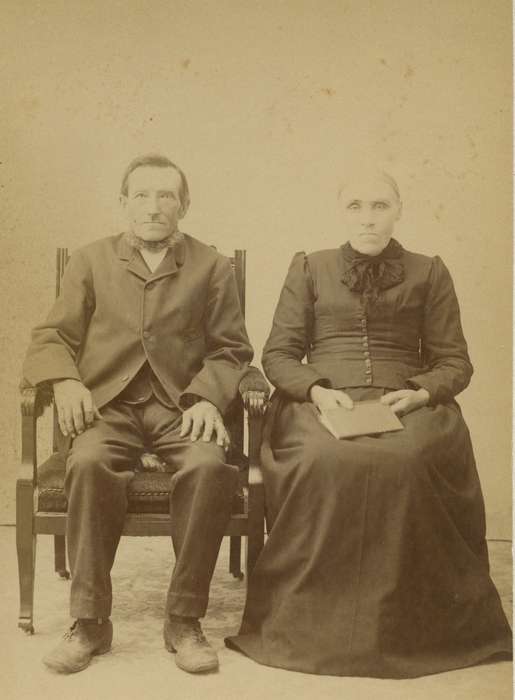 Portraits - Group, sack coat, Mt. Herob, WI, Iowa, vest, couple, woman, dress, book, man, history of Iowa, Bancroft, Cynthia, Iowa History