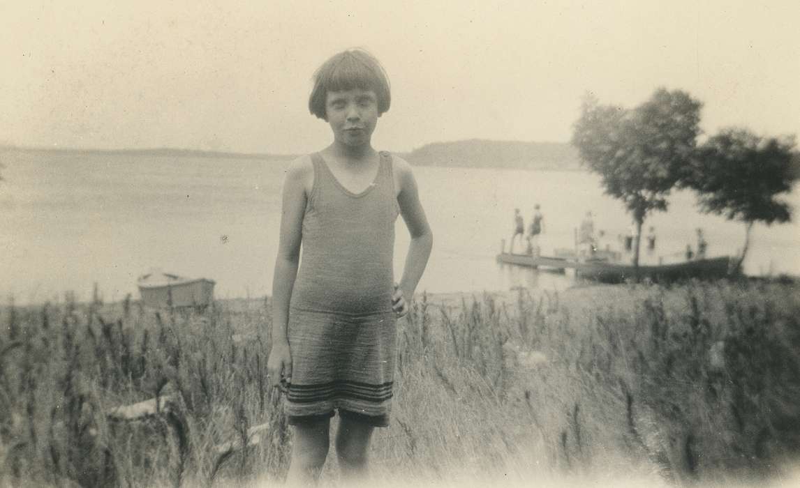 Parkersburg, IA, grass, Iowa, swimming suit, dock, Neymeyer, Robert, Leisure, Children, boat, history of Iowa, Portraits - Individual, Lakes, Rivers, and Streams, tree, Iowa History