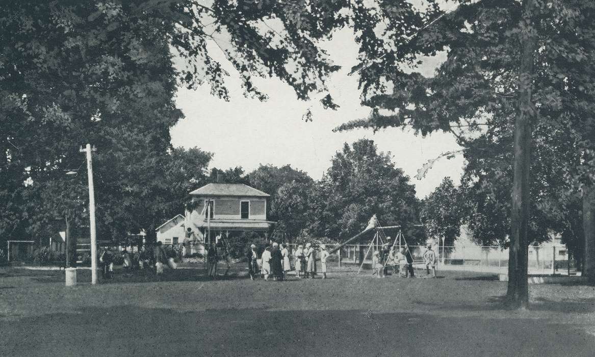 Outdoor Recreation, Food and Meals, swingset, Iowa, slide, trash can, Leisure, Children, Meyer, Sarah, history of Iowa, Waverly, IA, Main Streets & Town Squares, Iowa History, park