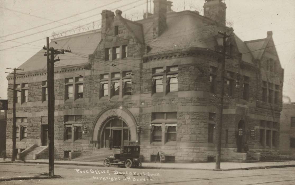 Library of Congress, history of Iowa, street corner, Businesses and Factories, Main Streets & Town Squares, mainstreet, Iowa, Motorized Vehicles, brick building, Iowa History, Cities and Towns, post office