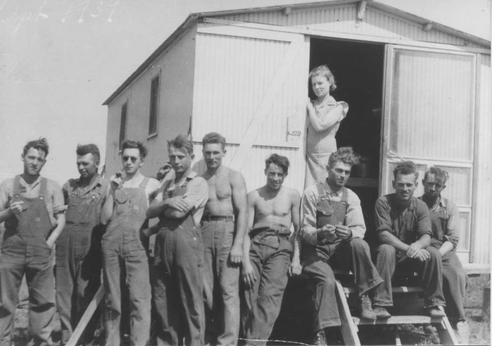 boys, shed, Iowa History, overalls, Iowa, history of Iowa, correct date needed, Portraits - Group, work, girl, Labor and Occupations, Schall, Michael