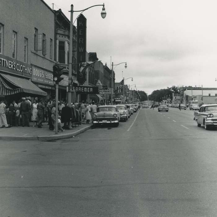 town street, storefront, bremer ave, commercial street, Iowa History, Waverly Public Library, stores, Iowa, history of Iowa, cars, traffic, IA, crowd, Main Streets & Town Squares