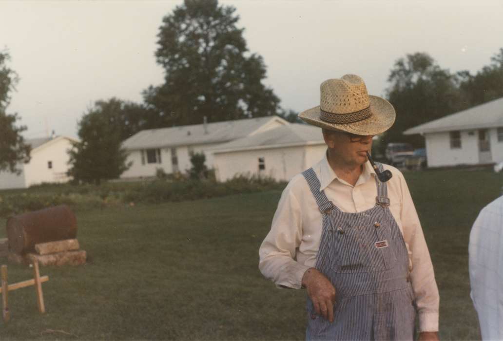 backyard, USA, Iowa, Vanderah, Lori, Leisure, straw hat, Portraits - Individual, pipe, history of Iowa, Iowa History, overalls