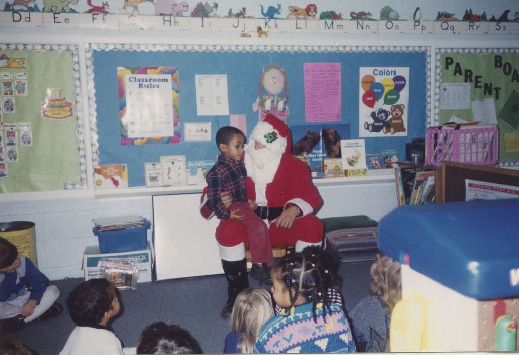 Iowa, Barrett, Sarah, Waterloo, IA, Children, african american, Homes, People of Color, Portraits - Individual, christmas, santa, school, classroom, history of Iowa, Holidays, Iowa History