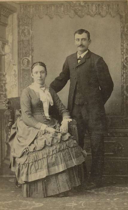 bustle, woman, frock coat, man, brooch, history of Iowa, Iowa History, Portraits - Group, carte de visite, IA, Iowa, necklace, couple, vest, Olsson, Ann and Jons, hairnet, lace collar, collared dresses, mustache