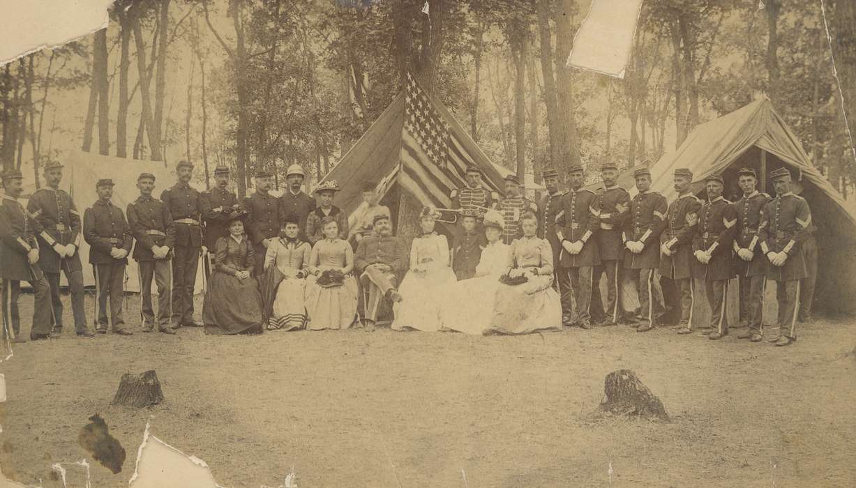 Portraits - Group, Military and Veterans, history of Iowa, uniform, Iowa History, tree stump, american flag, Waverly, IA, tent, Iowa, dress, Waverly Public Library