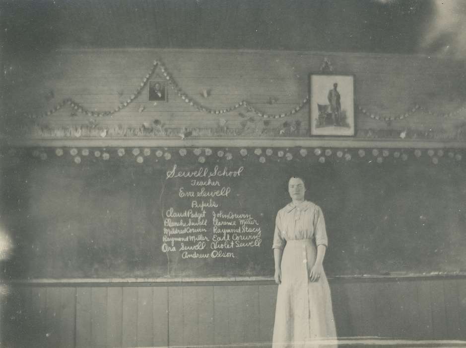 history of Iowa, Iowa History, chalkboard, Meyer, Sarah, decoration, woman, teacher, Waverly, IA, Iowa, Schools and Education, schoolhouse, dress, Portraits - Individual