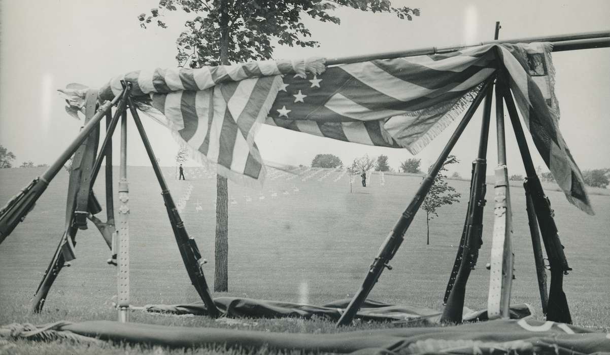 history of Iowa, Military and Veterans, Cemeteries and Funerals, Waverly Public Library, Waverly, IA, Iowa, american flag, Iowa History, correct date needed, guns