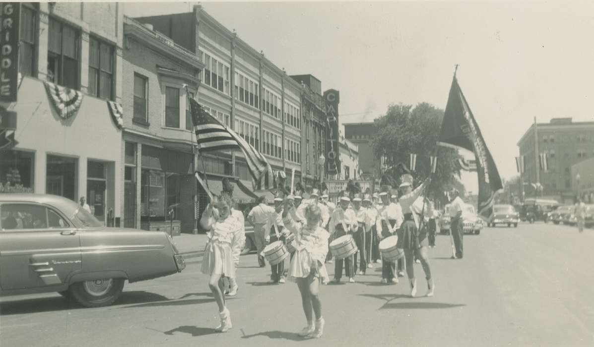 flag, Main Streets & Town Squares, history of Iowa, Iowa History, parade, Iowa City, IA, car, Rogers, Rose Frantz, Fairs and Festivals, Iowa, Cities and Towns, marching band