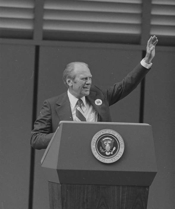 pin, history of Iowa, Iowa History, Lemberger, LeAnn, iowa state fair, Civic Engagement, tie, Fairs and Festivals, president, Iowa, podium, speech, Des Moines, IA, gerald ford