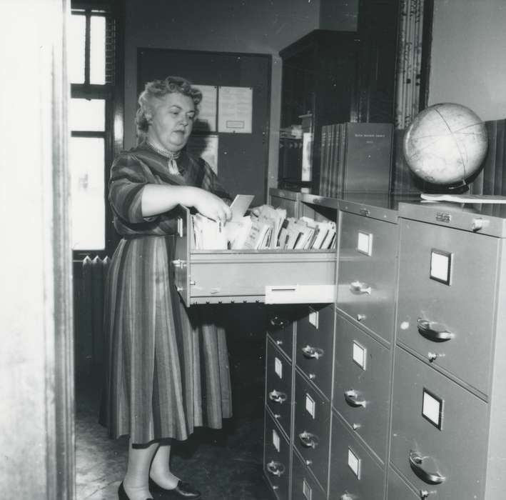Portraits - Group, file cabinet, Iowa History, history of Iowa, librarian, woman, library, Iowa, Schools and Education, Waverly Public Library