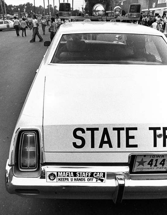 bumper sticker, patrol car, Prisons and Criminal Justice, license plate, Lemberger, LeAnn, history of Iowa, Motorized Vehicles, Iowa, car, Des Moines, IA, Iowa History, tail light