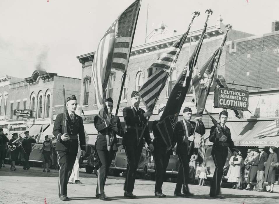 Military and Veterans, Main Streets & Town Squares, history of Iowa, band, military, Entertainment, uniform, Iowa History, Motorized Vehicles, car, american flag, crowd, Waverly, IA, Iowa, awning, Waverly Public Library