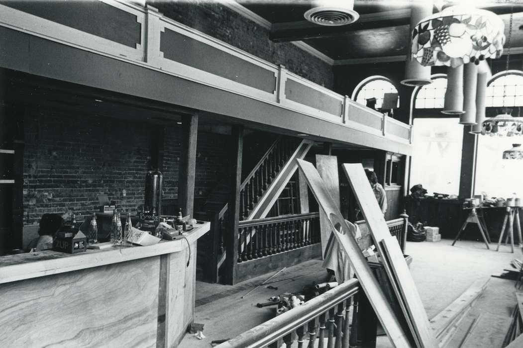 Waverly Public Library, history of Iowa, Iowa History, construction, bottle, window, Businesses and Factories, pepsi, Iowa, lumber, railing, staircase, stairs, sawhorse, building interior, counter