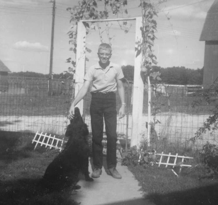 dog, history of Iowa, Farms, Hahn, Cindy, Animals, vine, Cedar Falls, IA, Iowa, Portraits - Individual, garden, Children, boy, Iowa History