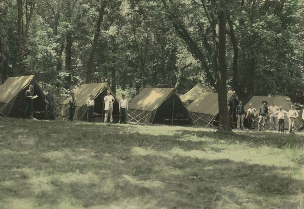 Outdoor Recreation, Portraits - Group, trees, Iowa, McMurray, Doug, Lehigh, IA, history of Iowa, camp, boy scout, tents, tree, Iowa History